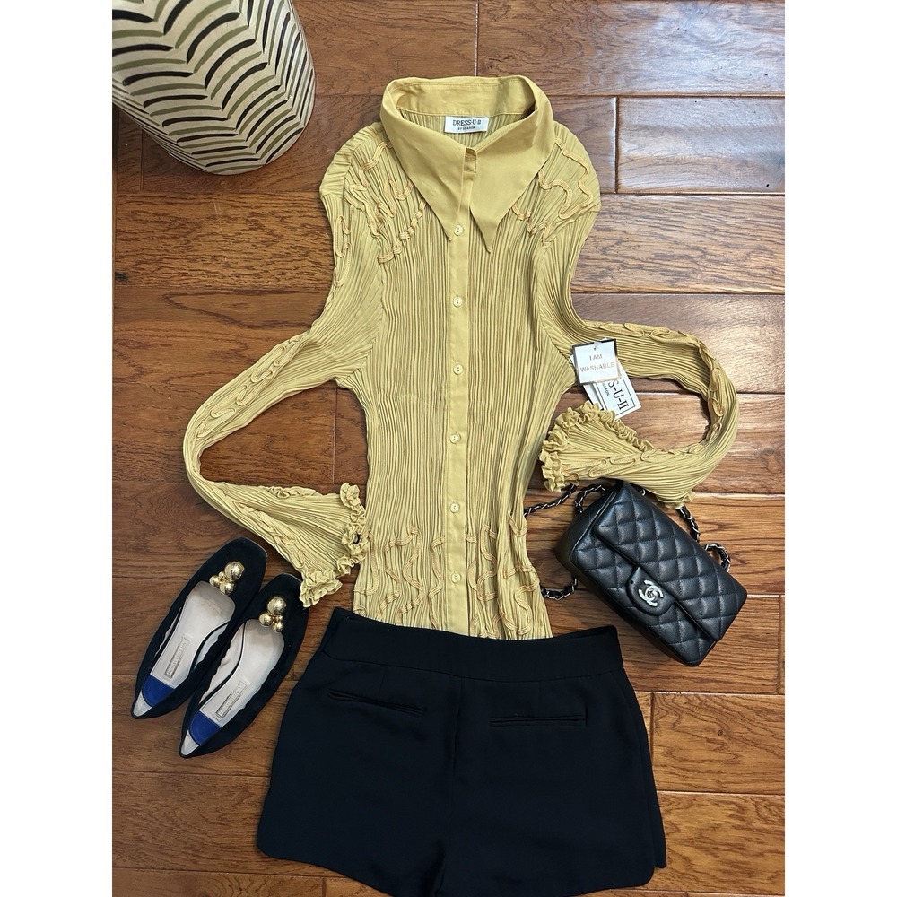 Dress-U-II Pleated Shirt Top Womens 2X Yellow Issey Miyake Style Stretch Crinkle
